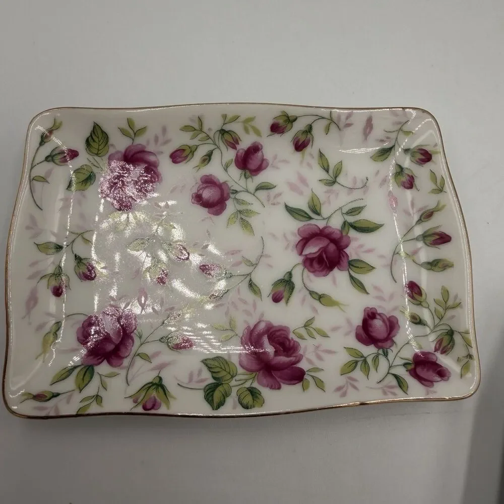 Lefton Rose Chintz Trinket Jewelry Box 2 Nesting Vintage Dishes Japan